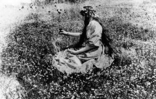 a woman picking flowers in a field.