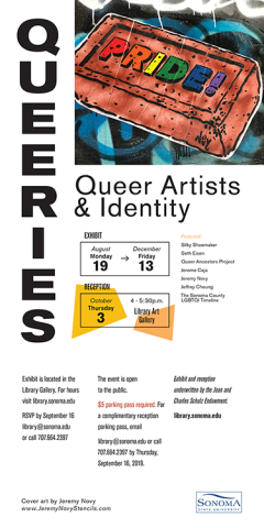 Postcard for the Queries, Queer Artists & Identity exhibit at the University Art Gallery.  From August 19 - Friday December 13