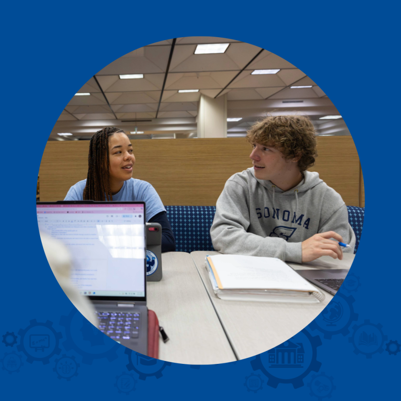 Two students studying in the library