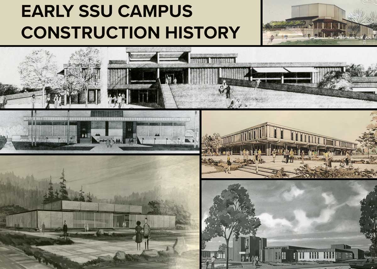 6 separate images of buildings with the text Early SSU Campus Construction History