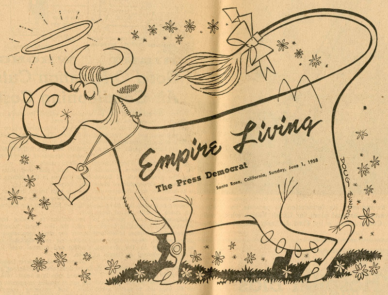 A drawn cow with text, "Empire Living."