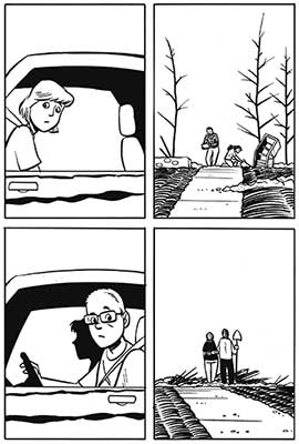 4 panel comic. 1 and 3 panels.  1 and 3 are people driving and looking out windows. 2 and 4 panels are people standing next to  the rubble of homes.