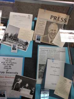 Display case containing articles about Dr Sakaki and previous Sonoma State Presidents.