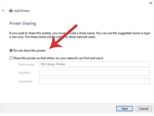 Add a Printer dialogue window with Do Not Share This Printer Selected.