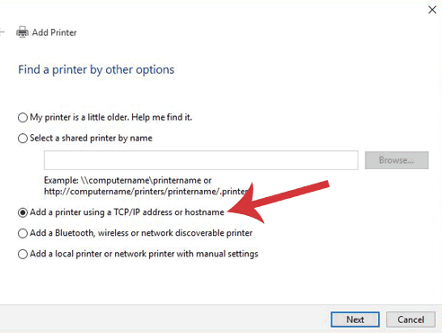 Add printer dialogue box with Add a printer usingTCP/IP address of hostname is highlighted.