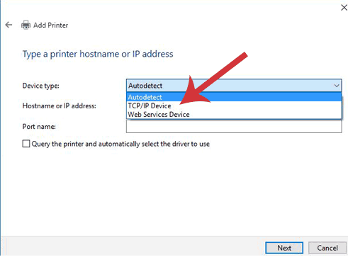 Add printer dialogue box with Query the printer and automatically select the driver to use is selected.