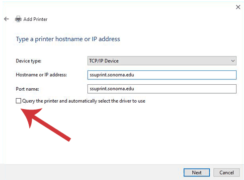 Add Printer dialogue window with Query the printer unchecked.