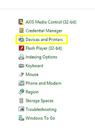 Options available from Windows 8 settings menu.  Devices and Printers is selected.