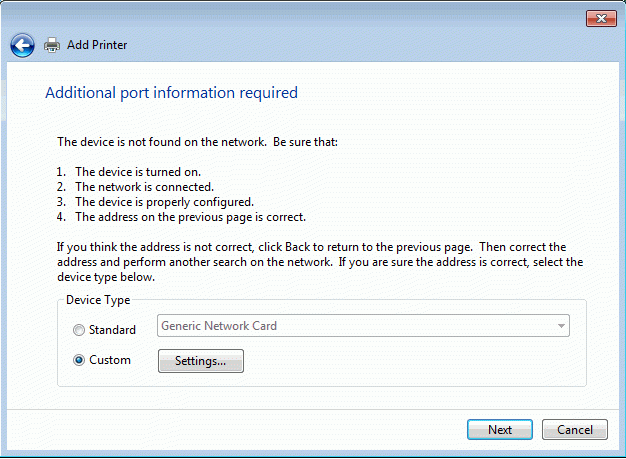 Add Printer dialogue box with custom option selected.