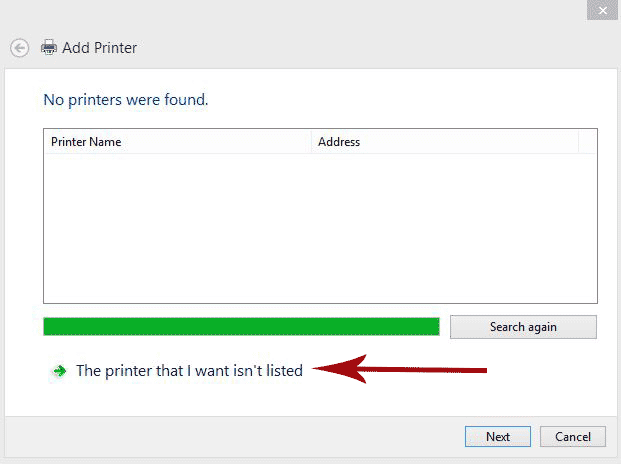 Add Printer dialogue box.  The printer that I want isn't listed is selected.