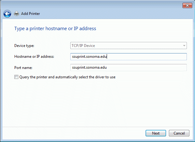 Add printer dialogue box with Hostname of ssuprint.sonoma.edu added.