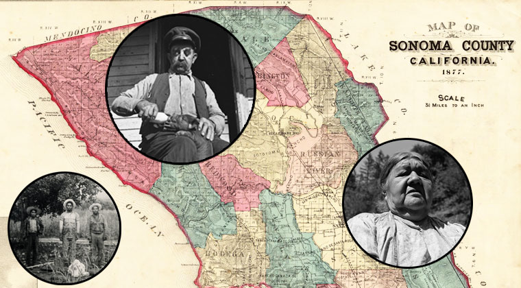 Map of Sonoma county, California with 3 images. 3 men staning in a field, a woman, and a man feeding a pig.