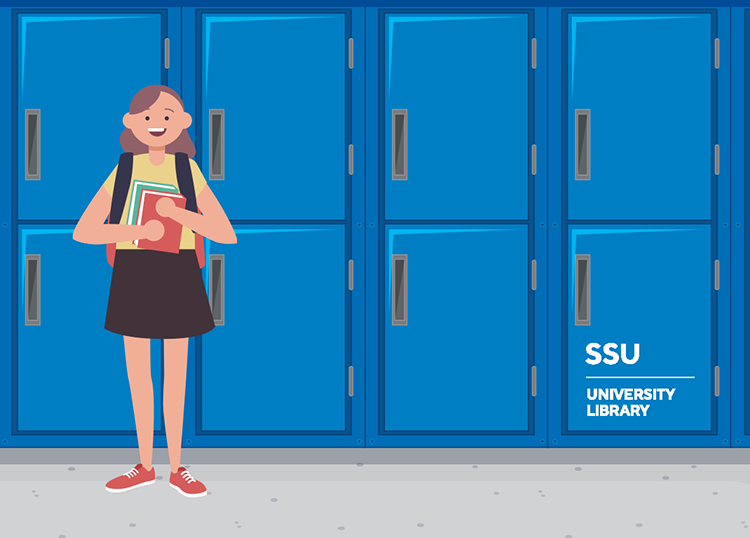 Locker with a student in front.  Lower right locker says SSu University Library