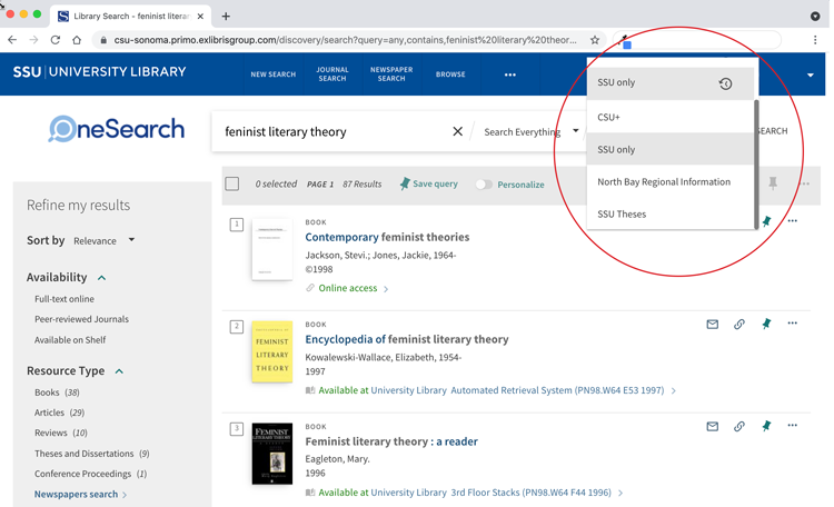 Screenshot of OneSearch with the dropdown of CSU+ 