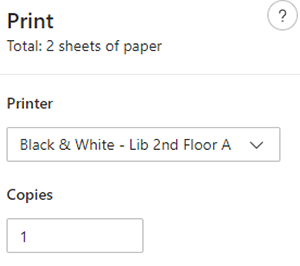 Screenshot of PC printer selection.  Ots has print Total: 2 sheets of paper.  Printer and Copies
