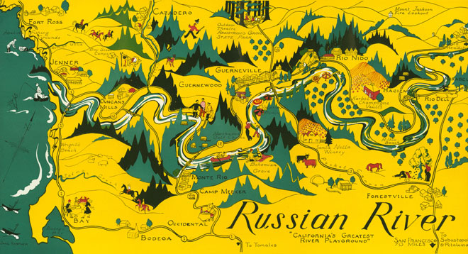 Yellow background map of the Russian rivers with the title, Russian River , California Greatest River Playground