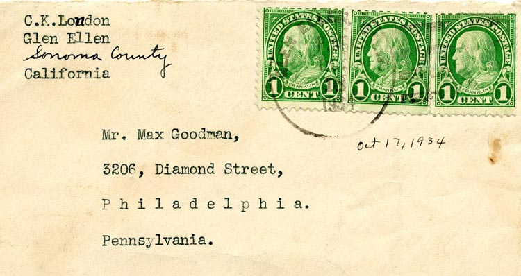 Front of an envelop with 3 green 1 cent stamps, an address and a return address.