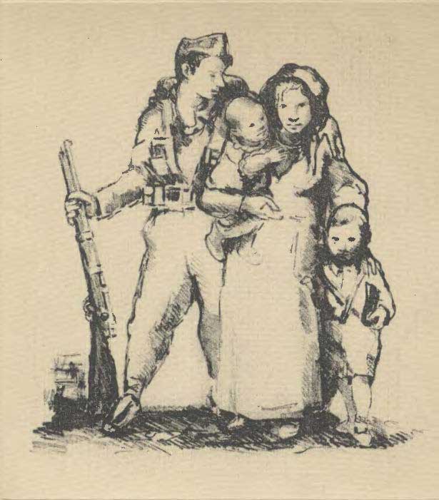Sketch of a solider behind a women with 2 children.