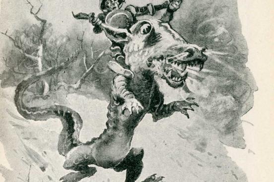 Illustration a man riding a giant beast through barren woods.