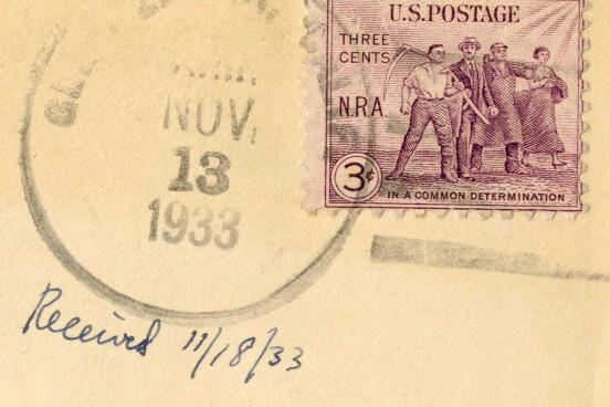 Postage Stamp with the process date of Nov 13, 1933.