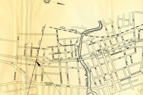Map of Santa Rosa, indicating new freeway location.