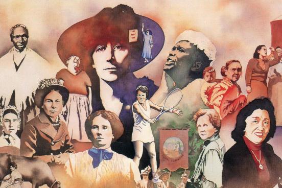 Montage of women, all in historical outfits. 