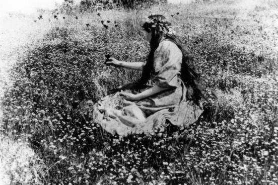 a woman picking flowers in a field.