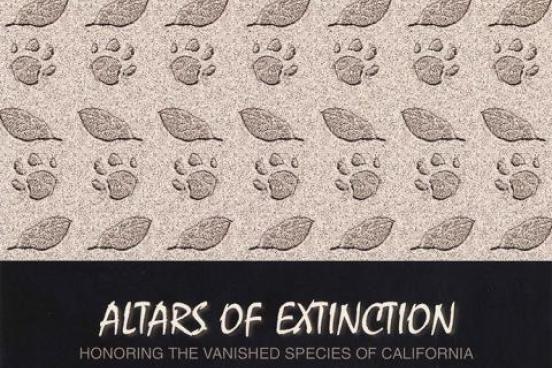 Altars of Extinction postcard. Footprints and leaves  with the text Honoring the vanished species of California.