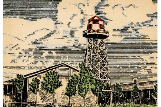 A sketch of a water tower and 2 houses with a cloudy background.