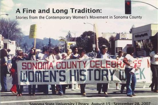 Women marching with banner Sonoma County Celebrates Women's History Week