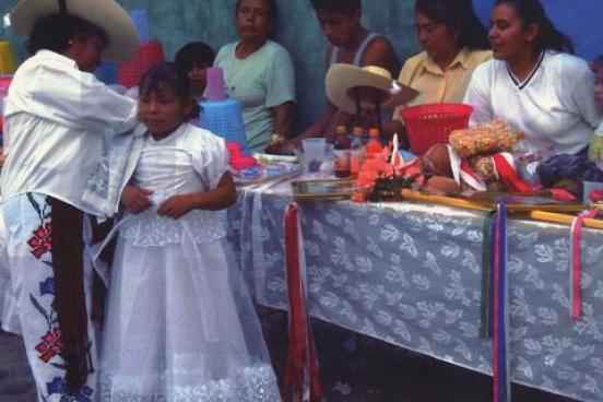 A woman wearing white pants with flowers braids a little girls hair while others watch.