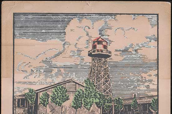 Red and white checkerboard watertower and building, part of a 1945 calendar.