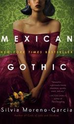 Woman in a red dress, holding flowers. Mexican gothic