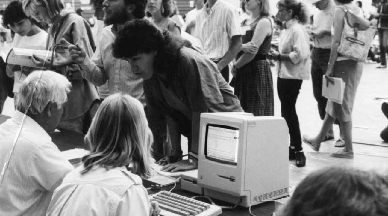 Students in line waiting to register for classes.