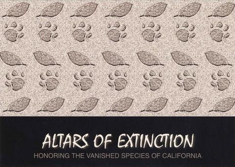 Altars of Extinction postcard. Footprints and leaves  with the text Honoring the vanished species of California.