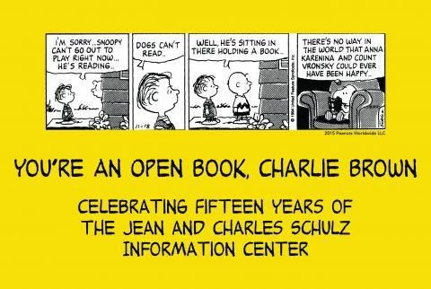 Postcard shows 4-panel comic strip with Linus and Charlie Brown talking about whether dogs can read, and Snoopy reading Anna Karenina. Title of show is beneath the comic strip.