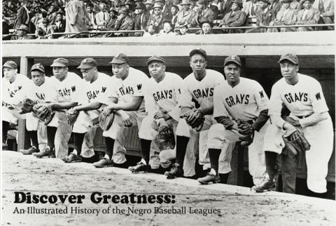 Postcard used for the Discover Greatness gallery exhibit.  9 men are in baseball uniforms and holding gloves.