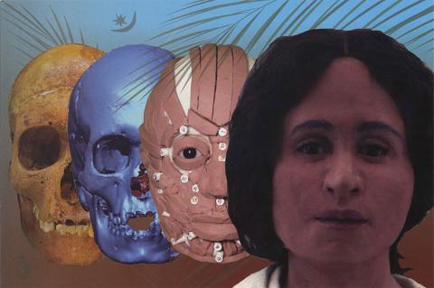 Postcard from Death to Life.  There is a womans face, behind her is a face with muscles of the face viewable, behind that a skull and behind that a weathered skull.