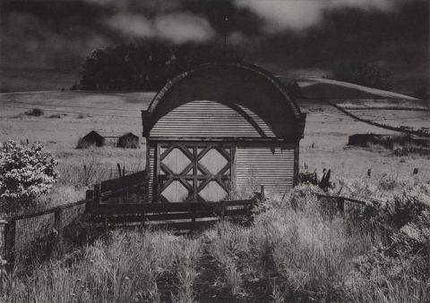 Black and white of a shed in a field.