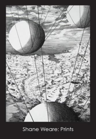 Postcard of a print.  Black and white with large spheres held up by strings.