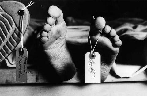 Black and white of feet with a toe tag.