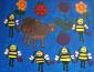 Blue background, 6 bee humanoid figures surround a large animal.