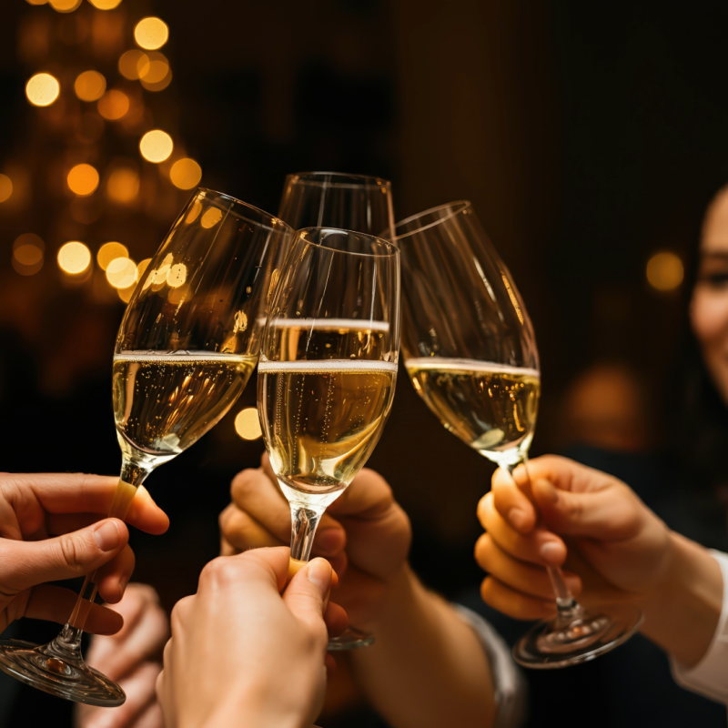 Four glasses of champagne held up in a toast