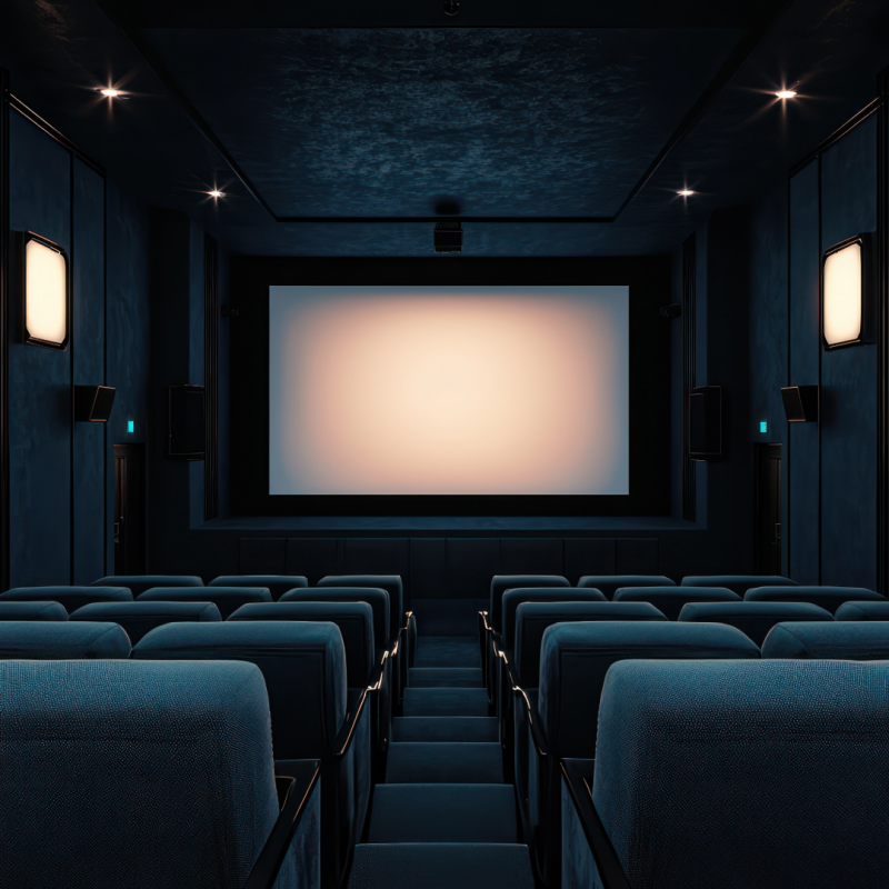 Shot of an empty theatre, looking at a movie screen