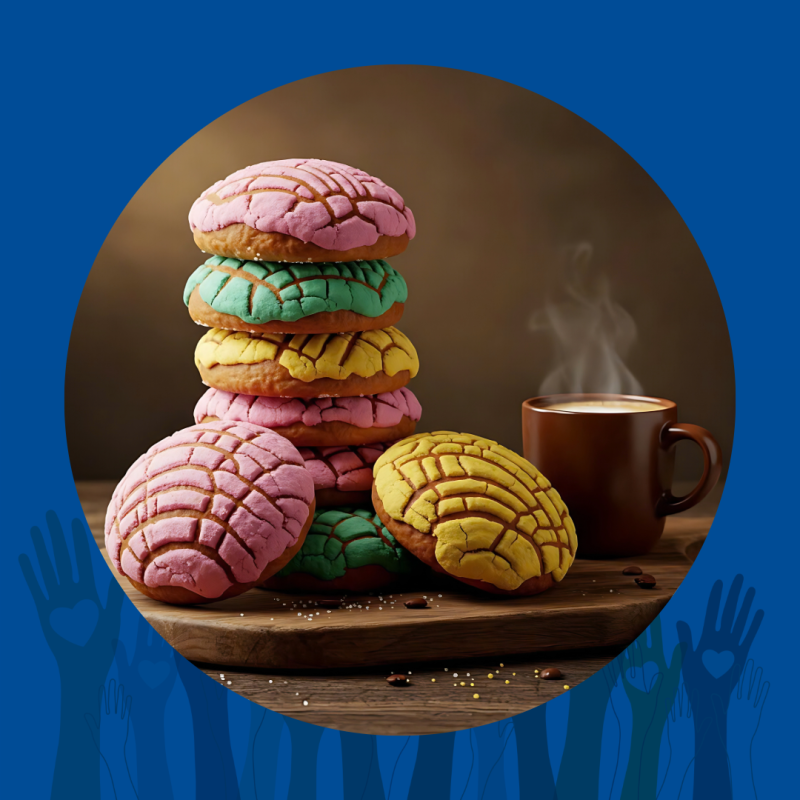 Image of pan dulce and a steaming mug of coffee
