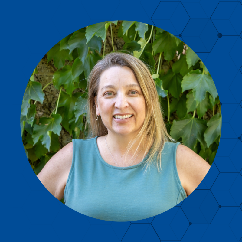 Woman looking straight ahead.