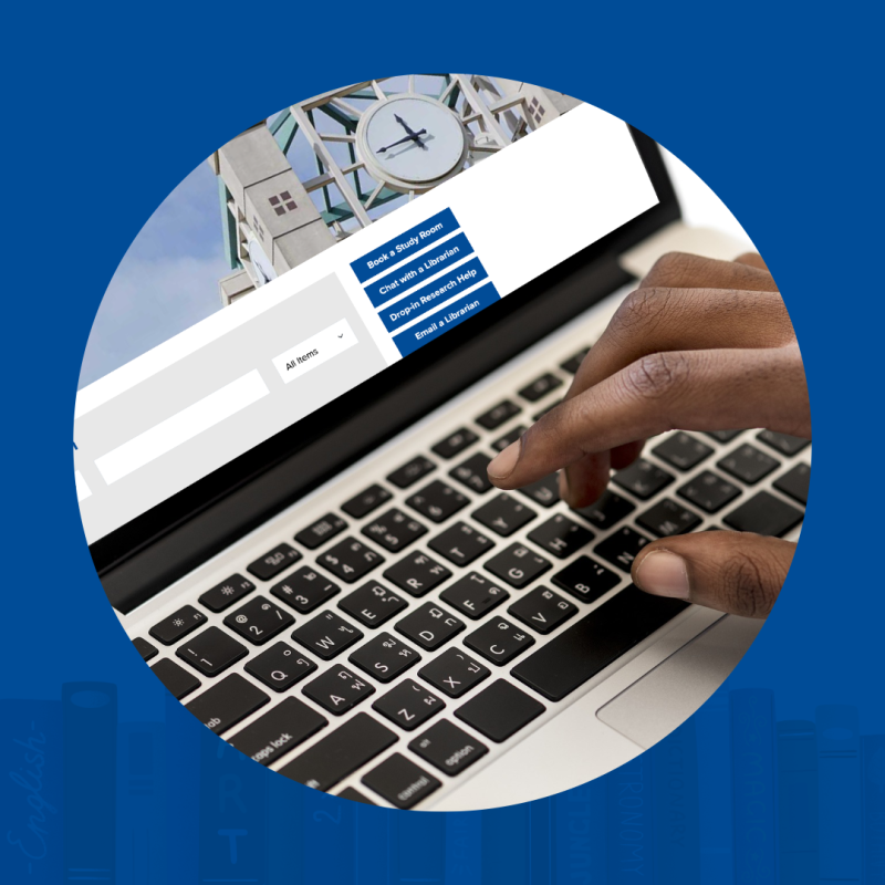 Keyboad of a laptop with a hand typing.  The screen shows a corner of the library website