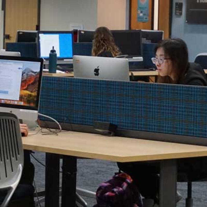 Student at desk, working on a computer 