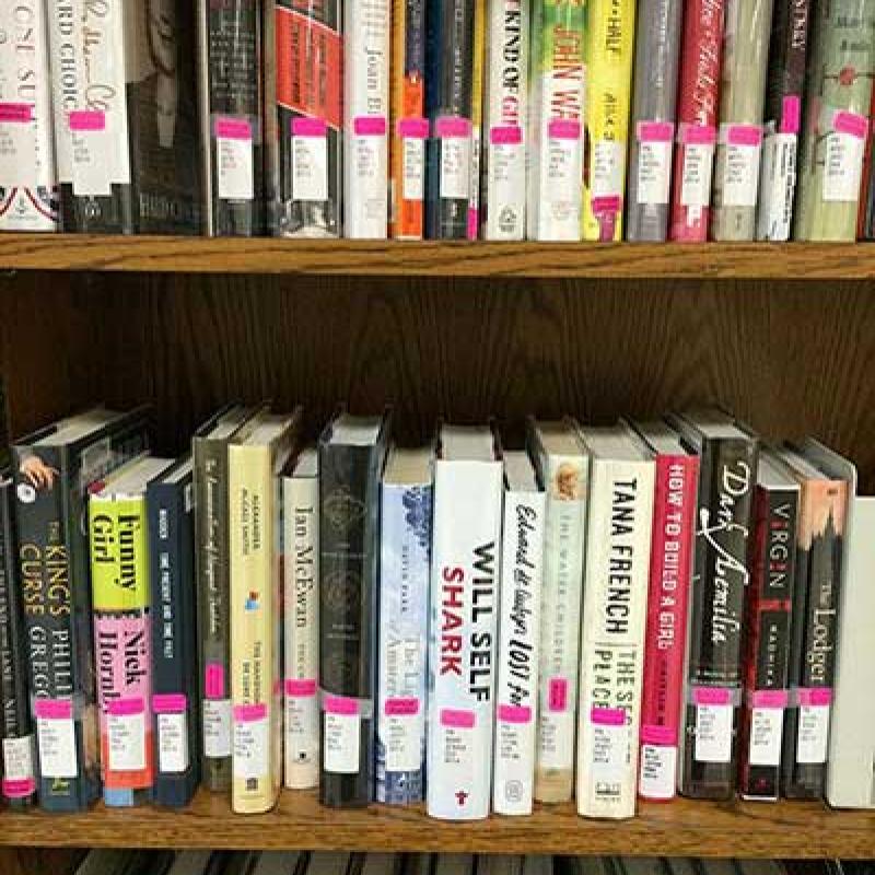 View of 3 shelves in a bookcase full of books.