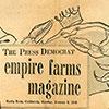 A crab holding up a sign, The Press Democrate Empire Farms magazine"